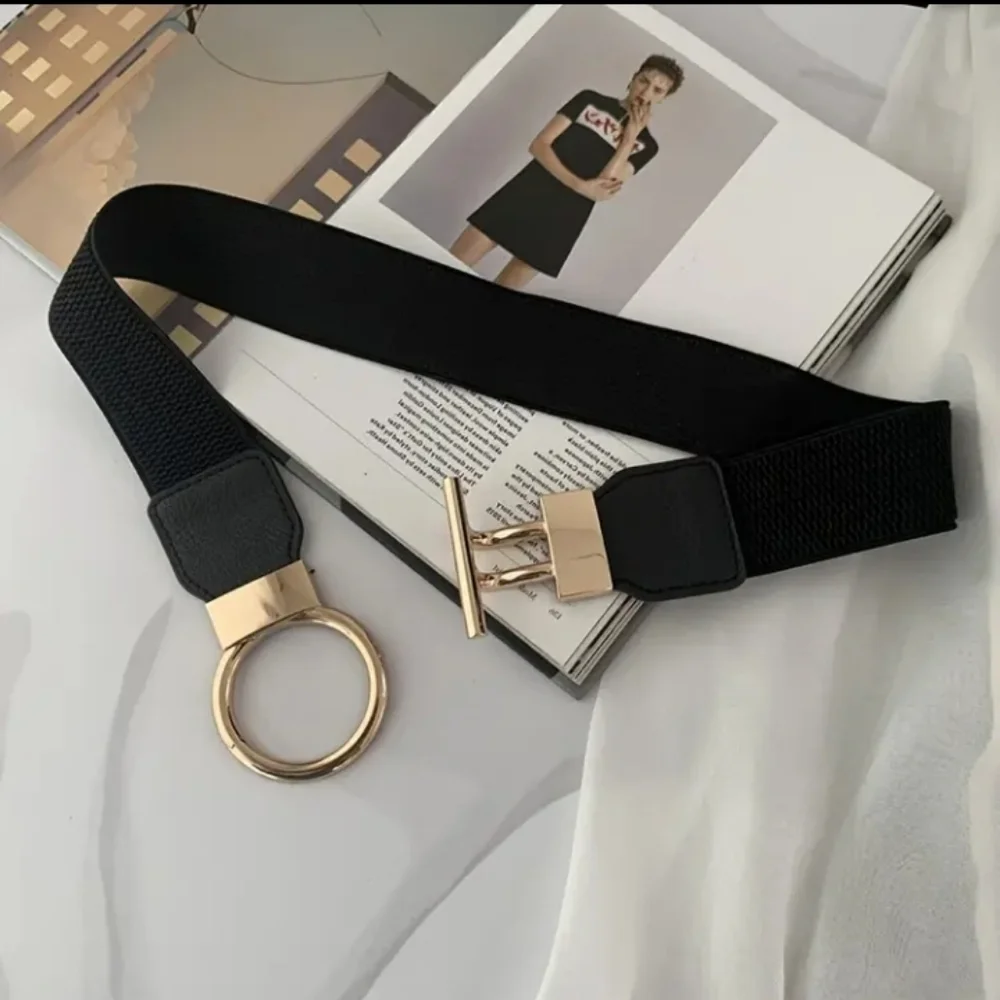Elasticized wide belt with goldtone hardware